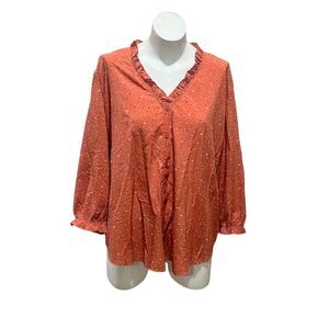 Ava Rose Women's Plus 2X Rust Polka Dot Ruffle Blouse Long Sleeve